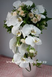 ramo de novia en forma de cascada de orquideas y rosas