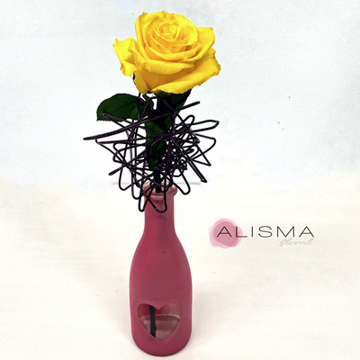 violetero botella de cristal con rosa amarilla preservada en estructura