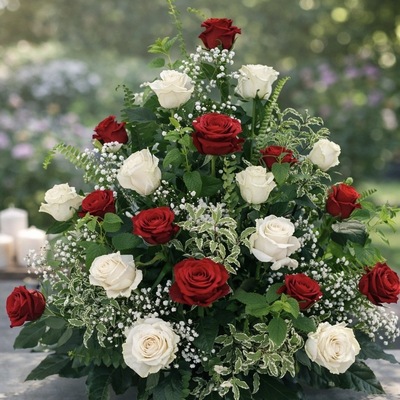 Centro mortuorio piramidal de rosas blancas y rojas – Flores Alisma Avilés 