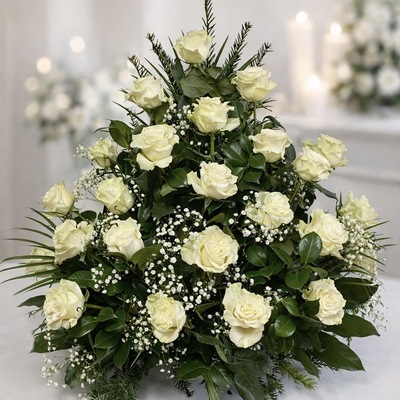 Centro mortuorio piramidal de rosas blancas y rosas – Flores Alisma Avilés 