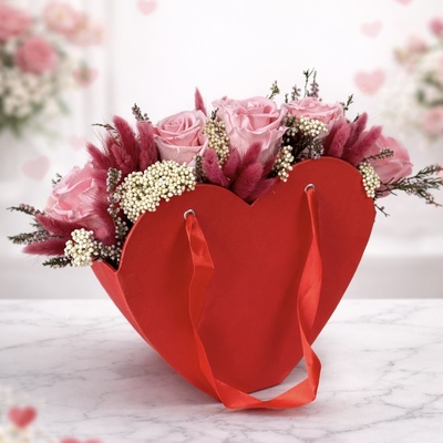 Centro en bolso Corazón de Rosas Preservadas – Flores Alisma